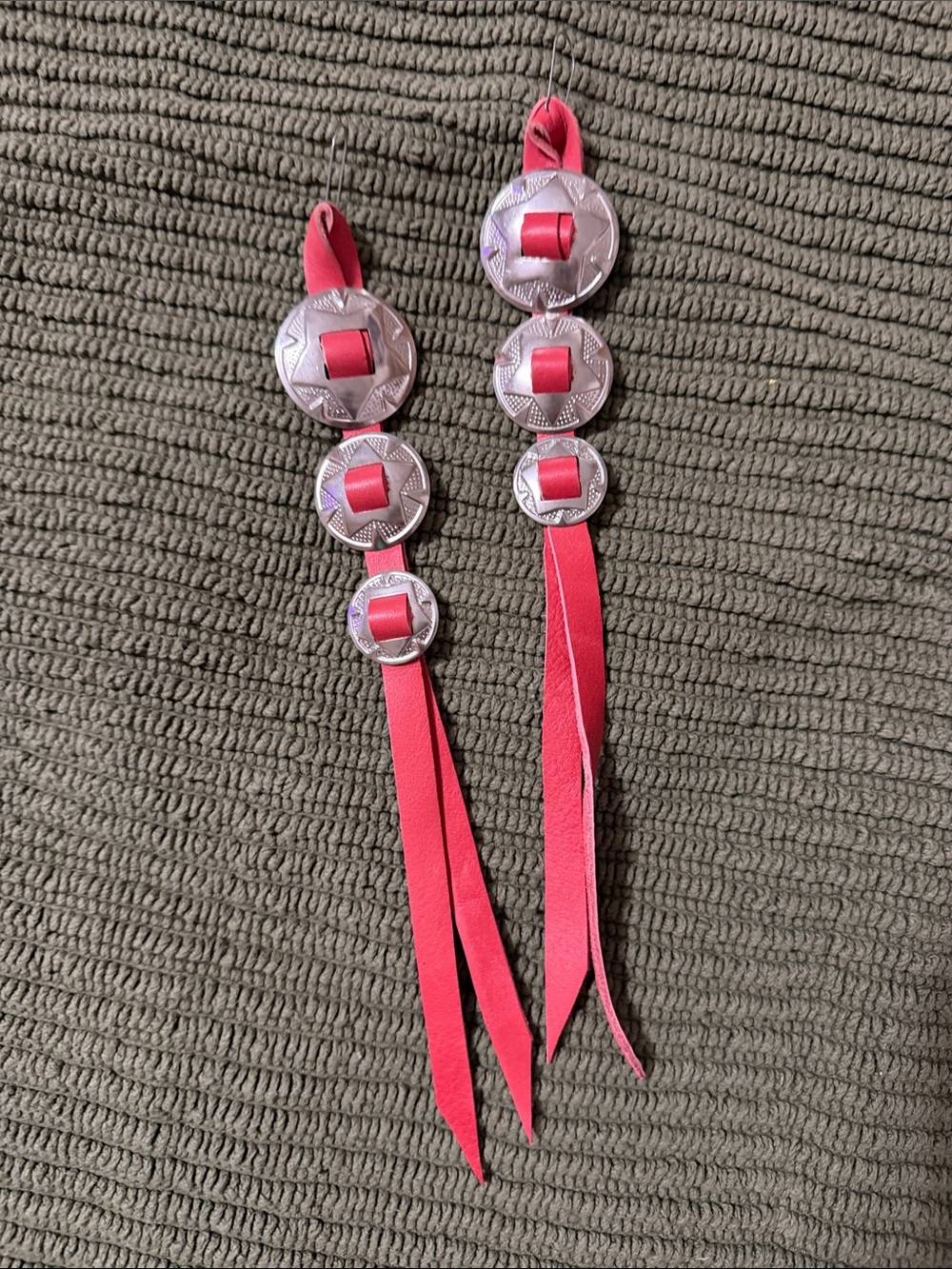 Pink Leather Ribbon Earrings with Silver Concho Accents